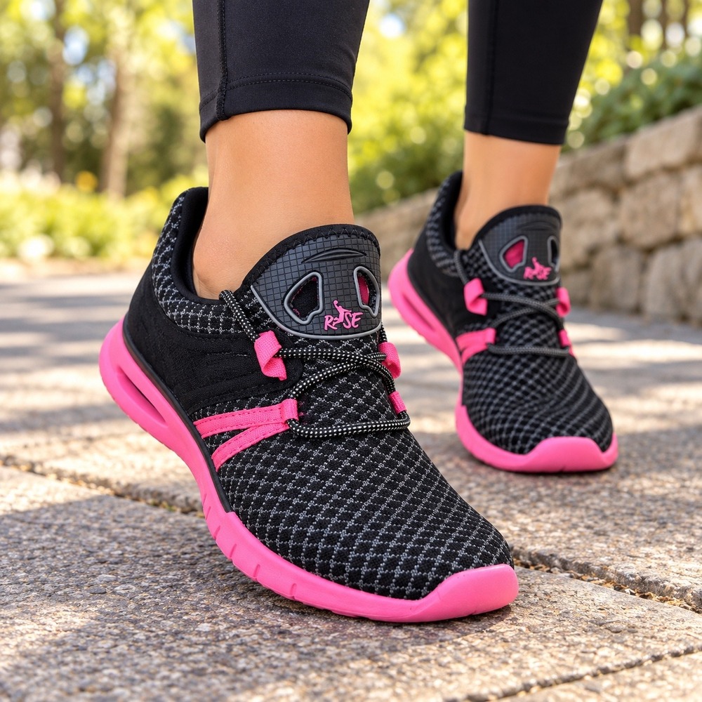 Rise Womens Black Neon Pink Mesh Athletic Running Training Shoes Size 8